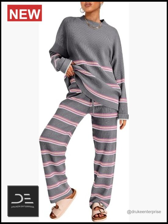 Pants - Two Piece Lounge Set Sweatsuit Striped Knit Sweater Outfit Pullover Top and